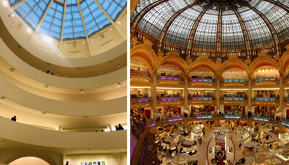 Figure 2. (Left) Interior of Guggenheim Museum, photo by author, (Right) Interior of Galeries Lafayette, photo by Wouter Hagens.