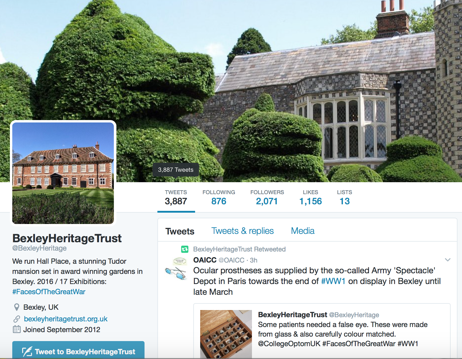 Twitter feed of Bexley Heritage Trust, @BexleyHeritage, featuring exhibitions, events, and more. 