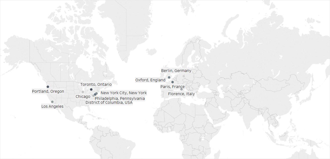 Figure 1: A map highlighting the cities of participating institutions.