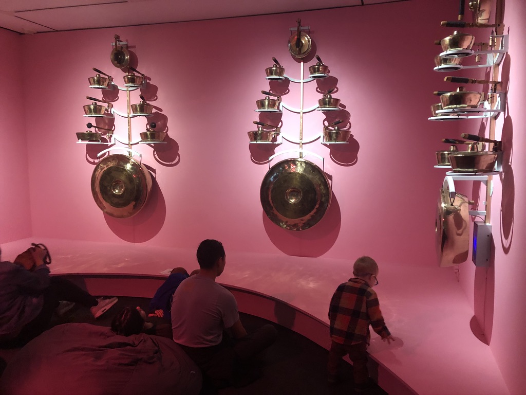 Figure 3: “Gamelatron Bidadari,” Aaron Taylor Kuffner in No Spectators: The Art of Burning Man at the Oakland Museum of California, November 19, 2019. Photo credit Ginger Daley.